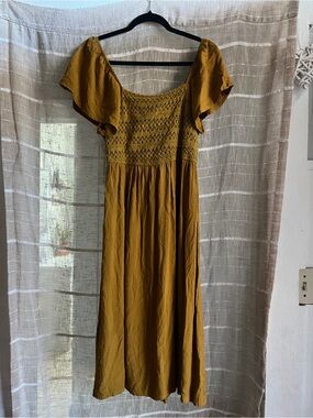 Smocked Mustard Midi Dress with Flutter Sleeves